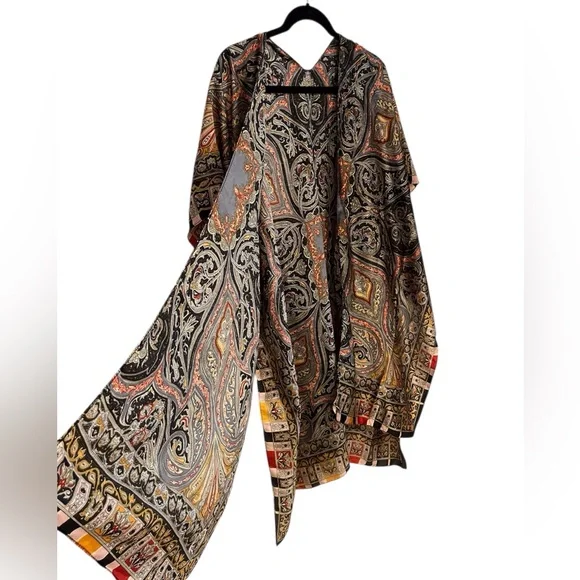 Boho Silk Paisley Black Gold Caftan Kimono Open Front Cover Up One Size - Picture 3 of 5